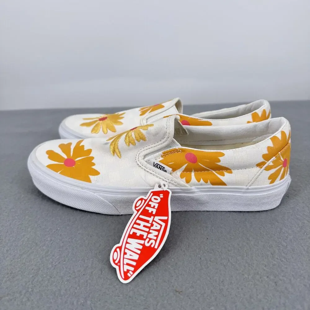 Vans Classic Slip-On Shoes Mens Size 7 Womens 8.5 White Daisy Floral Canvas - Picture 2 of 8